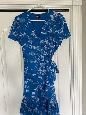 INC International Concepts Royal Blue Floral Wrap Midi Dress